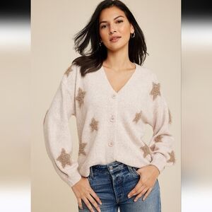 Maurices Beige Tinsel Star Button Down Cardigan Size Large Like New